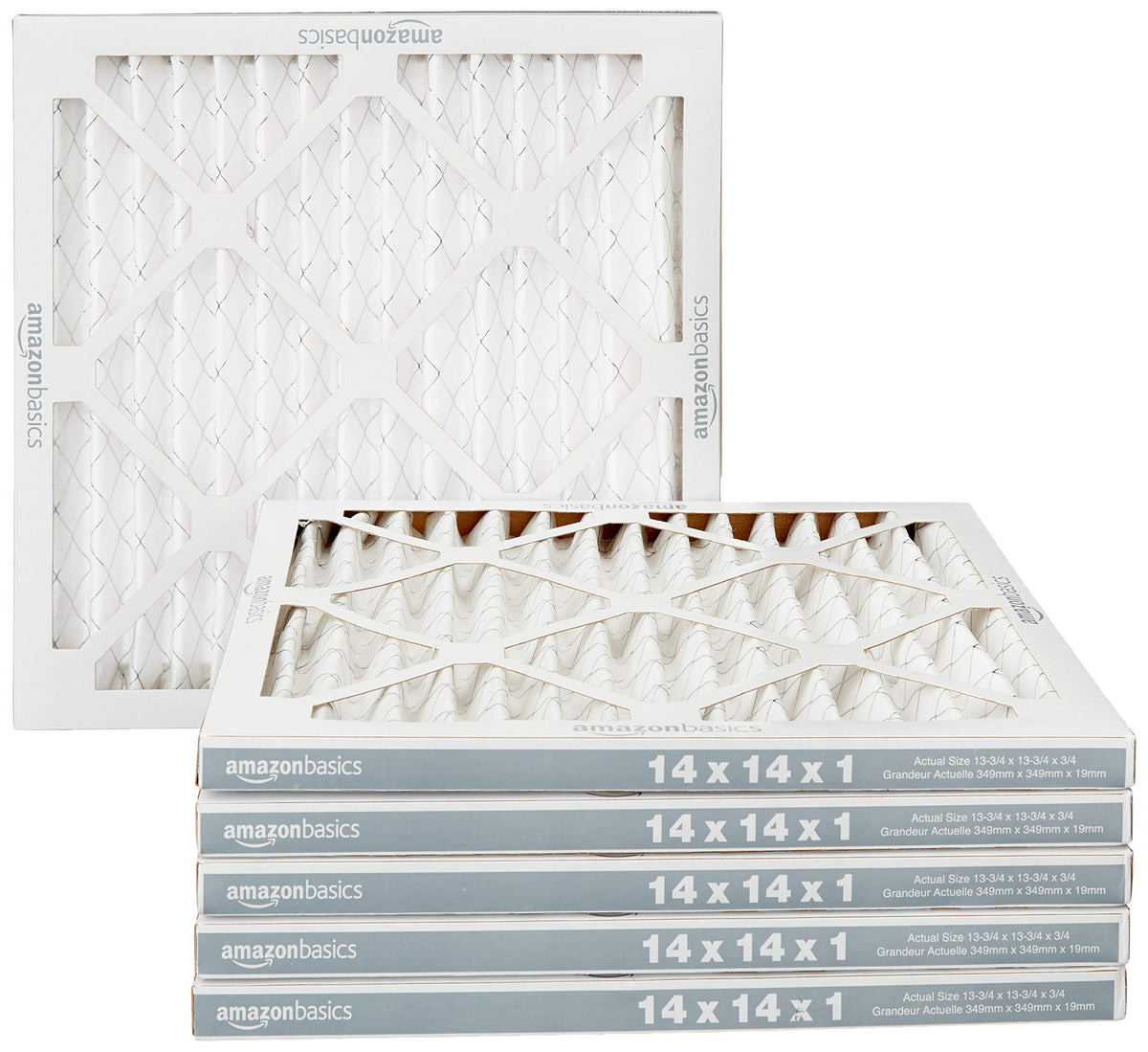 Amazon Basics 14x14x1 air filter front view shows sturdy frame for reliable filtration