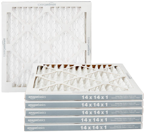 Amazon Basics 14x14x1 air filter front view shows sturdy frame for reliable filtration