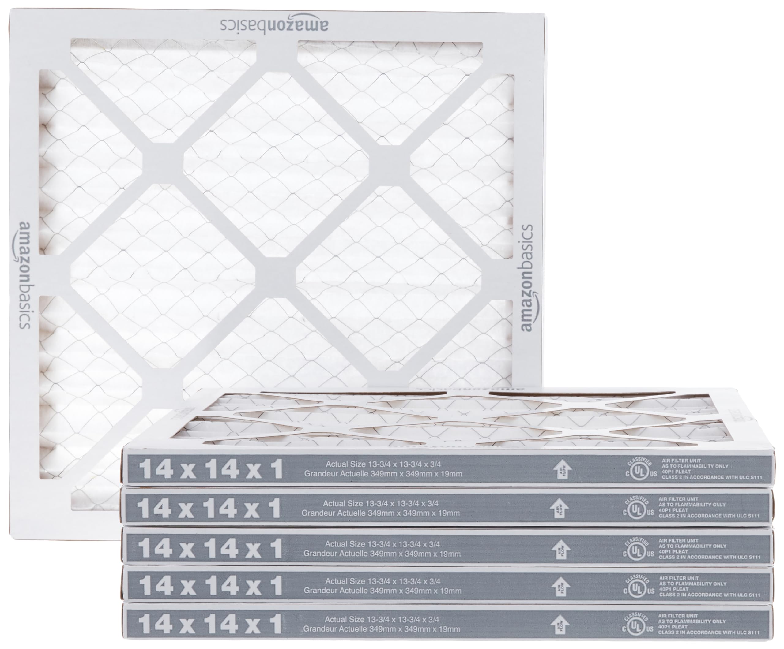 Amazon Basics 14x14x1 air filter with beverage board frame for durable installation.