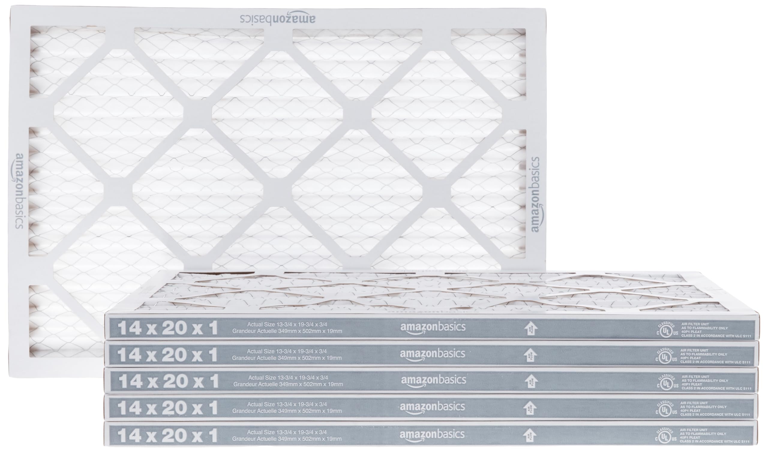 Amazon Basics 14x20x1 air filter front view captures dust and pollen.