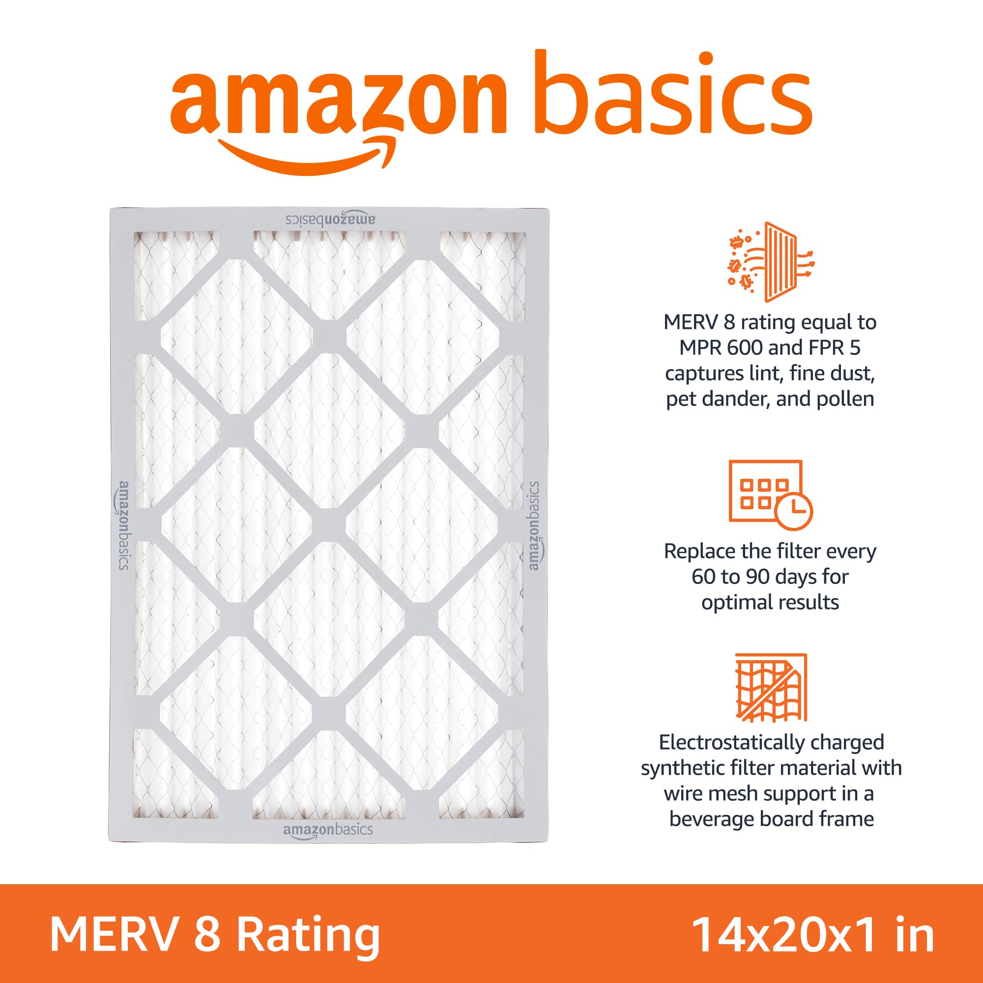 Amazon Basics 14x20x1 air filter pack inside box shows ready replacements.