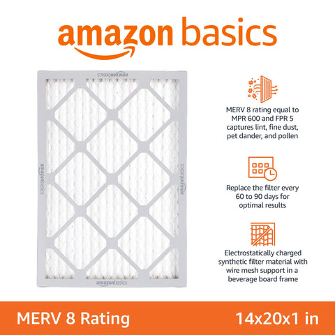 Amazon Basics 14x20x1 air filter pack inside box shows ready replacements.