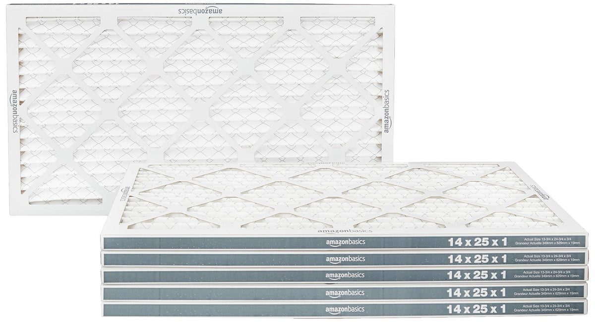 Amazon Basics 14x25x1 air filter packaging with six-pack display for easy replacements
