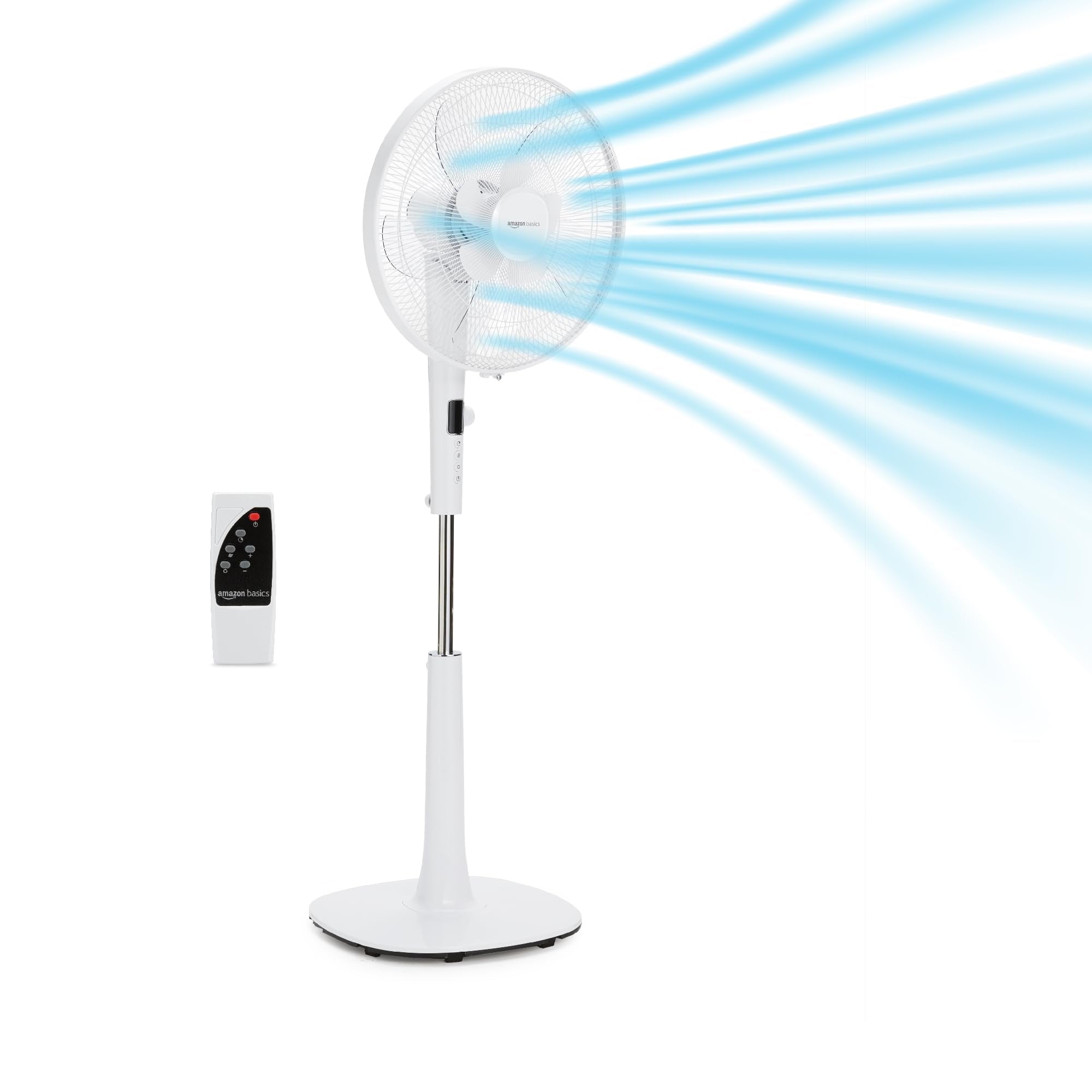 Amazon Basics 16-inch fan front view showing quiet operation and modern design