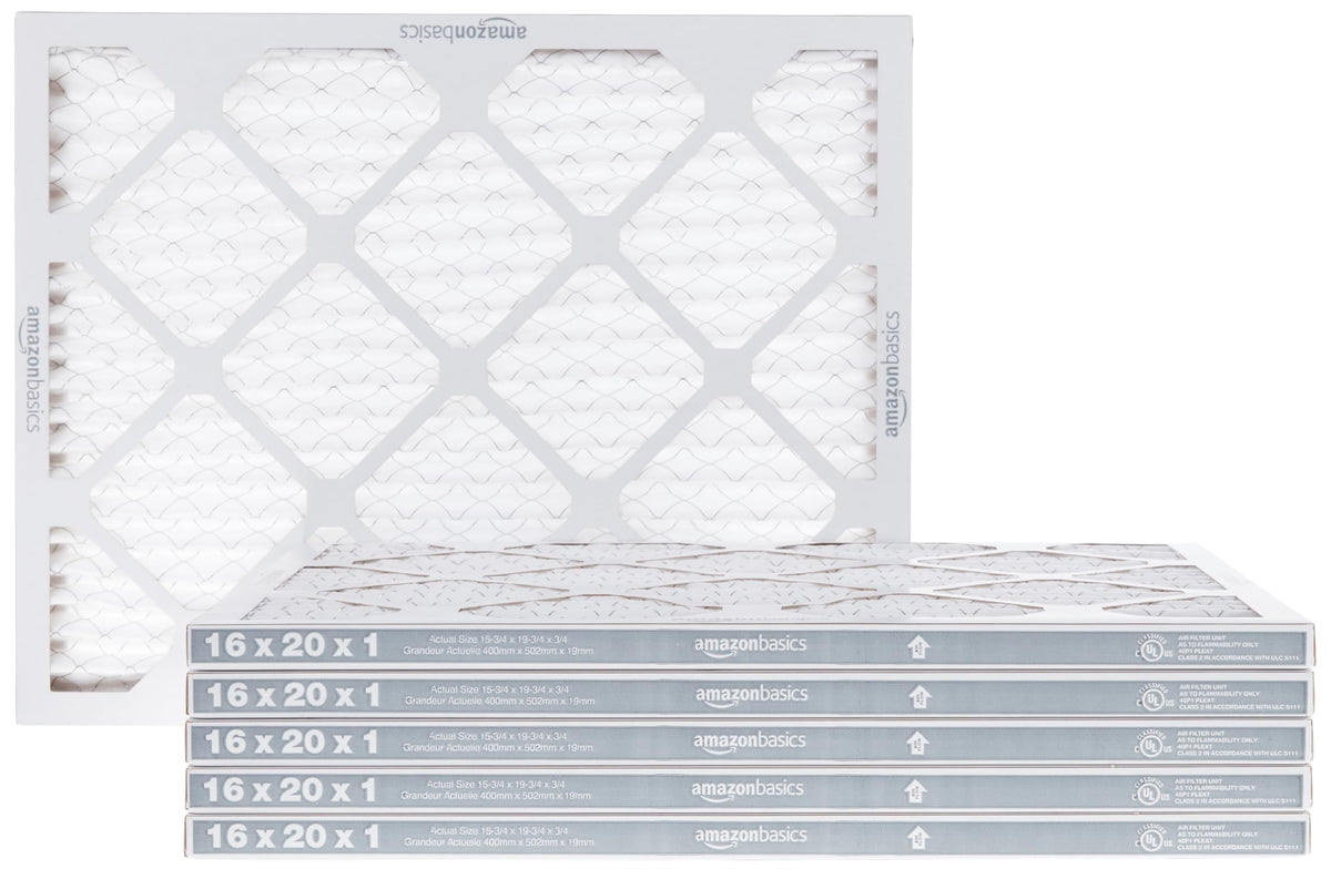 Amazon Basics 16x20x1 air filter six-pack, front view, improves indoor air quality.