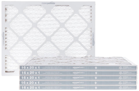 Amazon Basics 16x20x1 air filter six-pack, front view, improves indoor air quality.