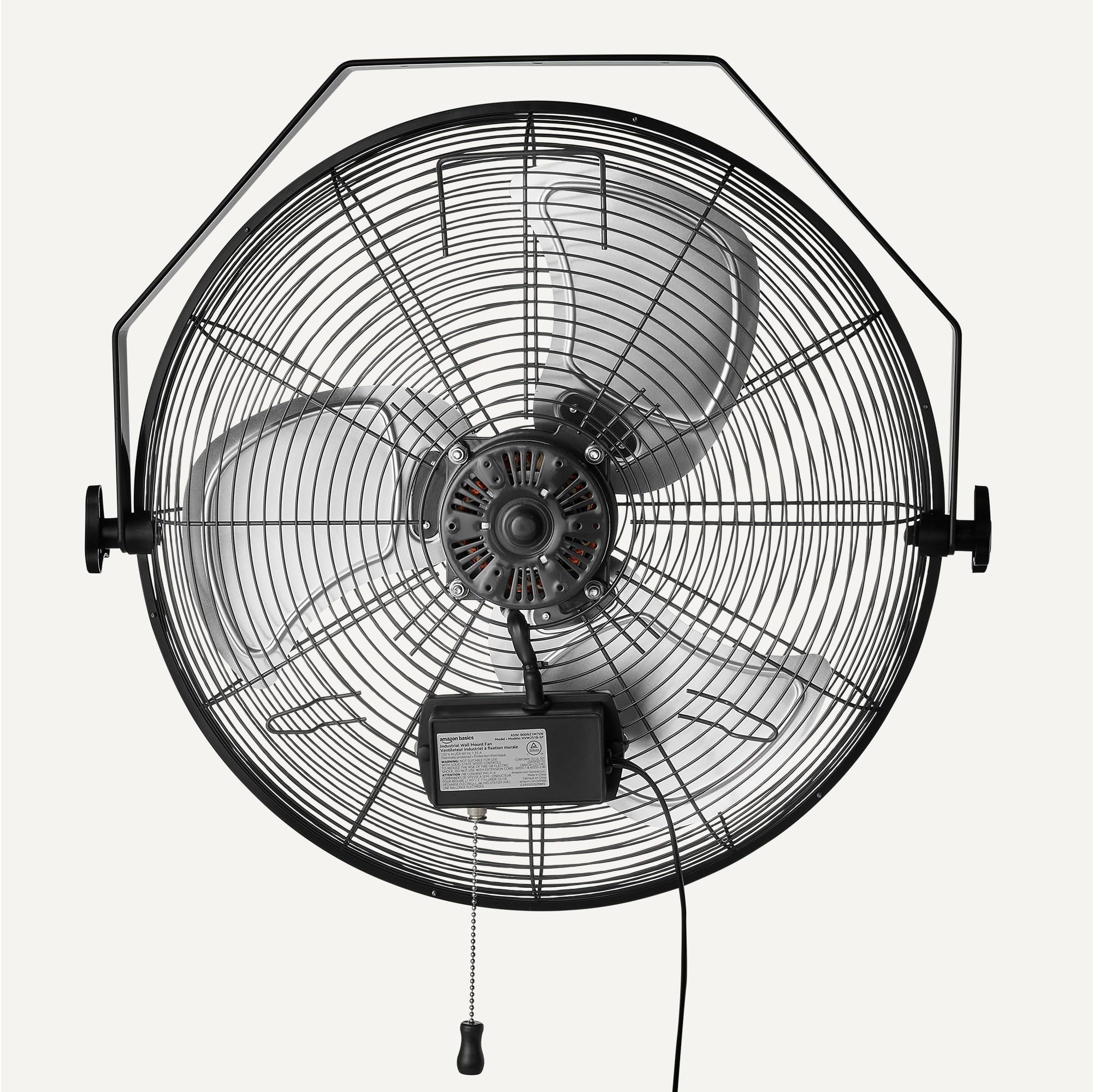Amazon Basics 18-inch wall fan tilt head provides directional airflow for targeted cooling.
