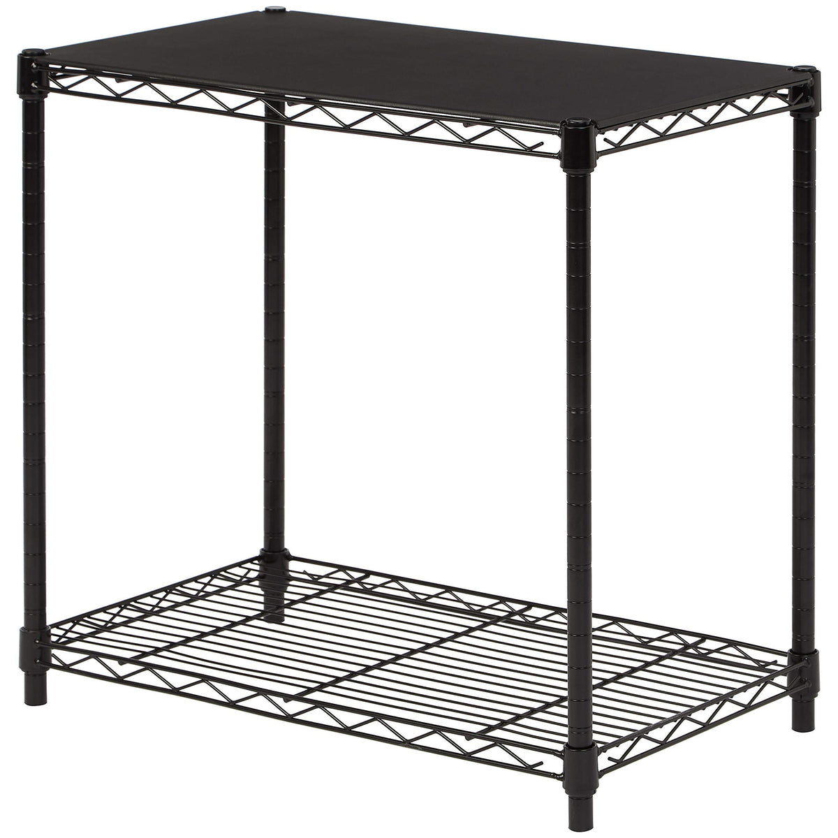 Amazon Basics 2-Shelf Stackable Storage front view, compact black frame for small spaces.