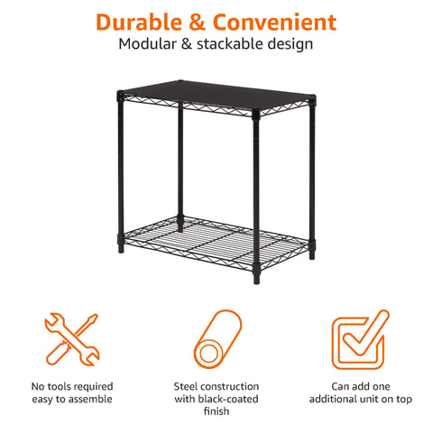 Amazon Basics 2-Shelf Stackable Storage top wood shelf provides sturdy surface.