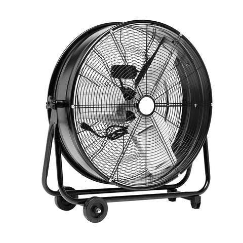 Amazon Basics 24in industrial drum fan front view delivering powerful airflow for large spaces.