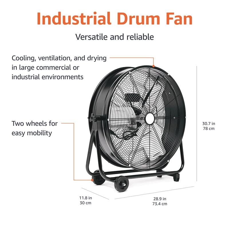Amazon Basics 24in drum fan in metal housing highlights durable construction for demanding environments.