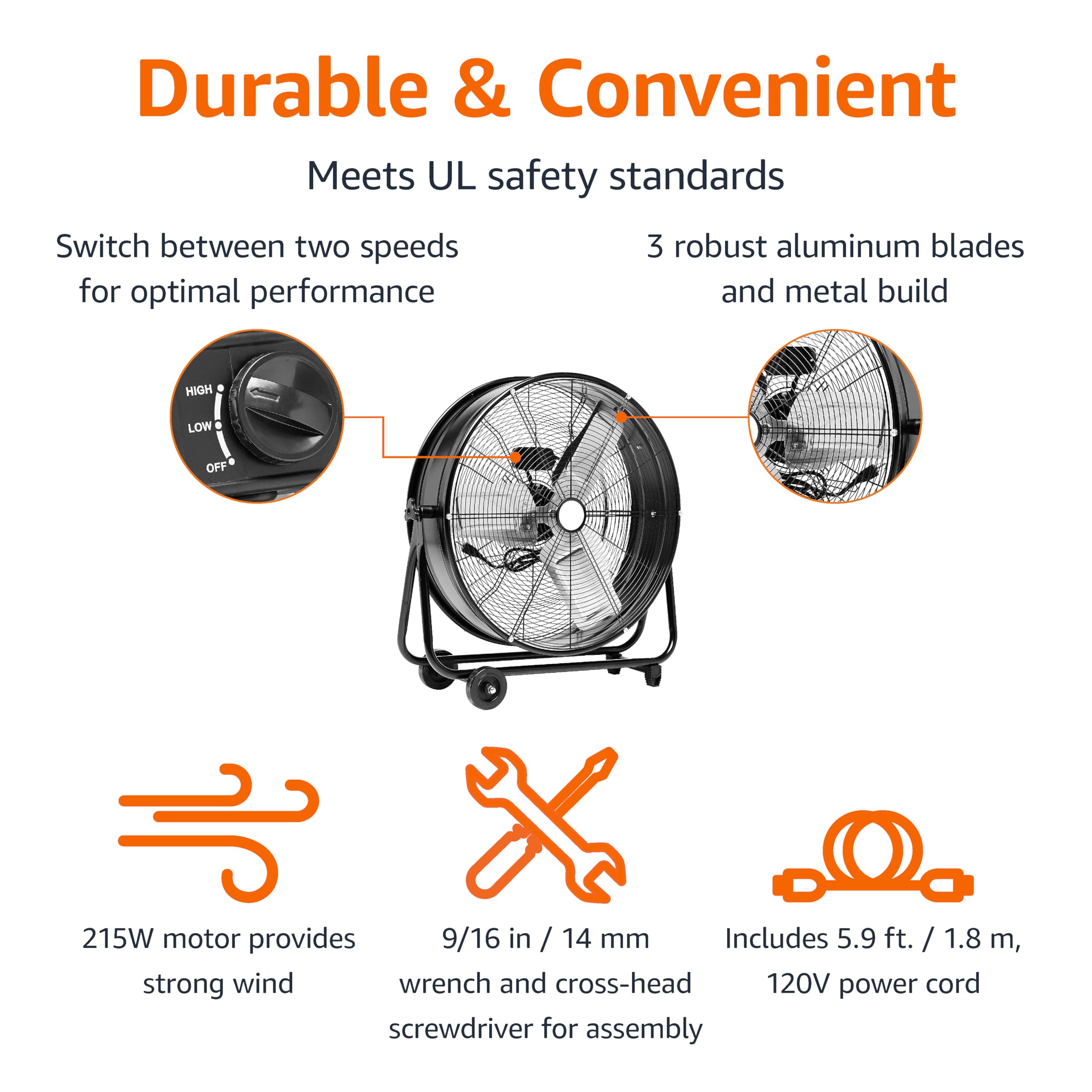 Amazon Basics drum fan side tilt demonstrates adjustable airflow direction for targeted cooling.