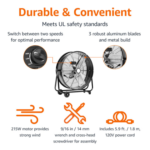 Amazon Basics drum fan side tilt demonstrates adjustable airflow direction for targeted cooling.