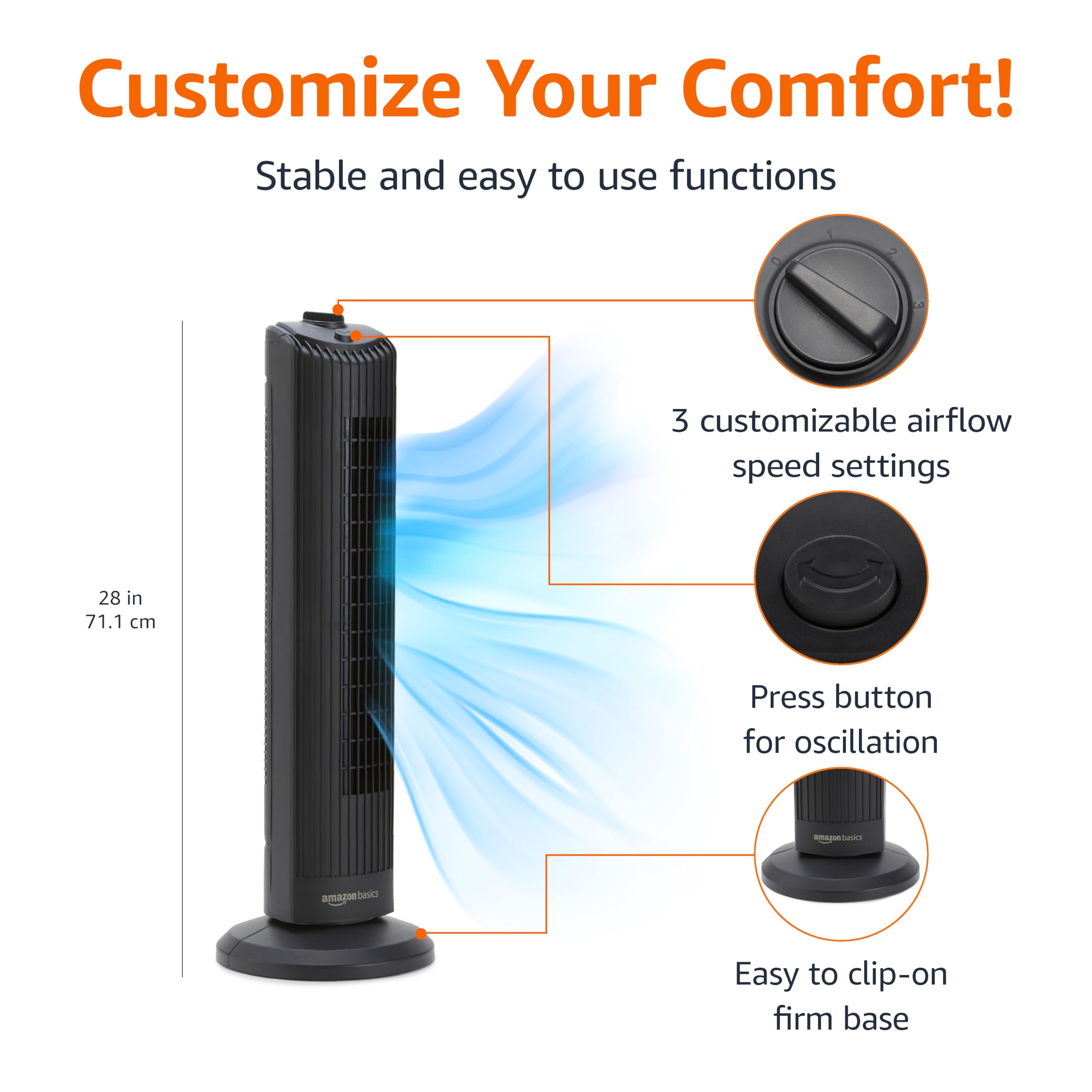 Amazon Basics 28-inch tower fan oscillation angle for even room cooling.