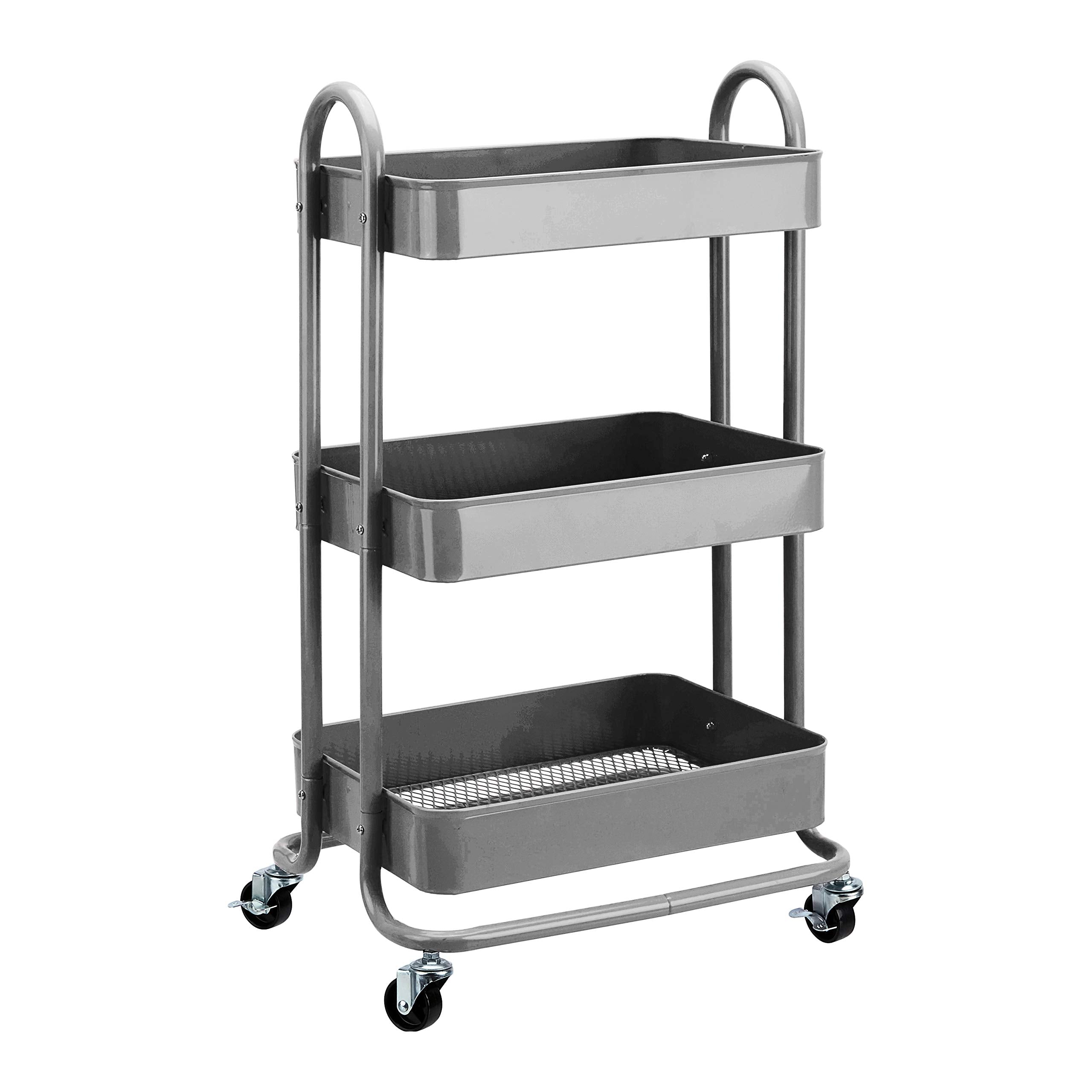 Amazon Basics 3-tier cart front view shows compact storage for kitchen or workshop.