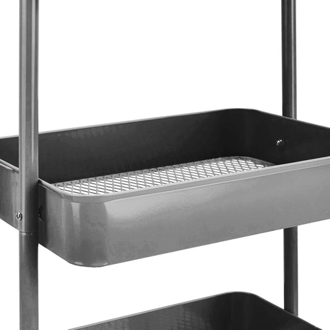 Amazon Basics 3-tier cart with mesh-bin bottoms keeps items organized and ventilated.