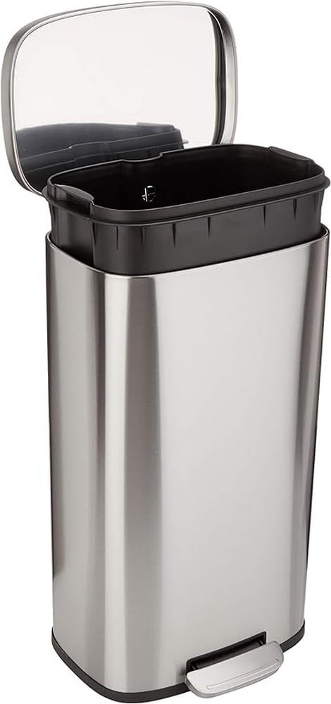 Amazon Basics 30L soft-close trash can with foot pedal for quiet, convenient disposal.