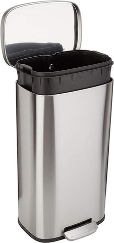 Amazon Basics 30L soft-close trash can with foot pedal for quiet, convenient disposal.