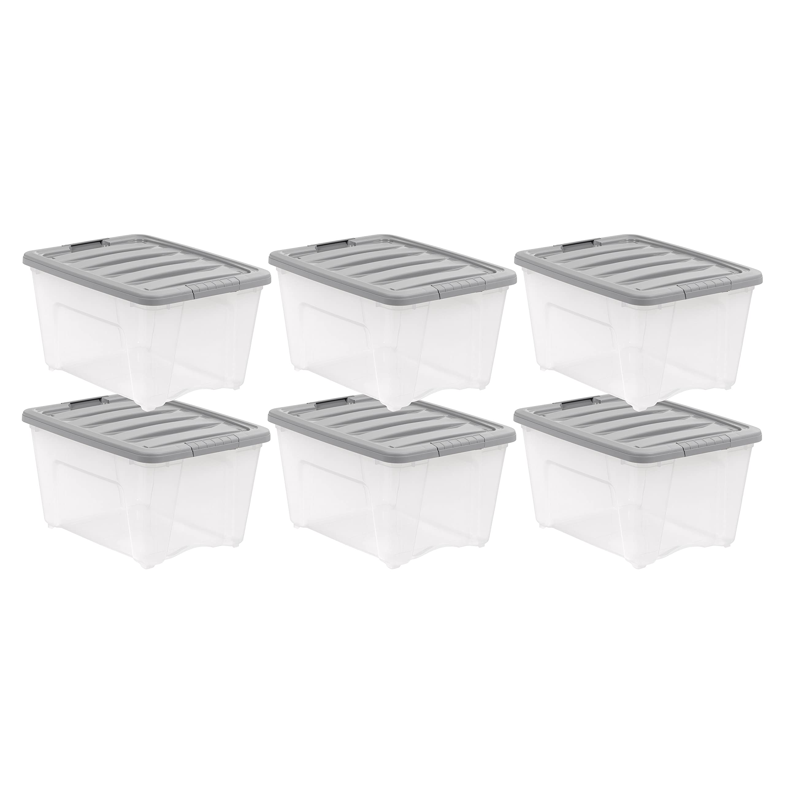 Amazon Basics 32-quart stackable storage bins with secure lids.