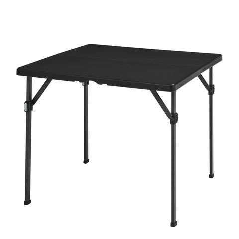 Amazon Basics 34-inch folding table with carrying handle for easy transport and setup.