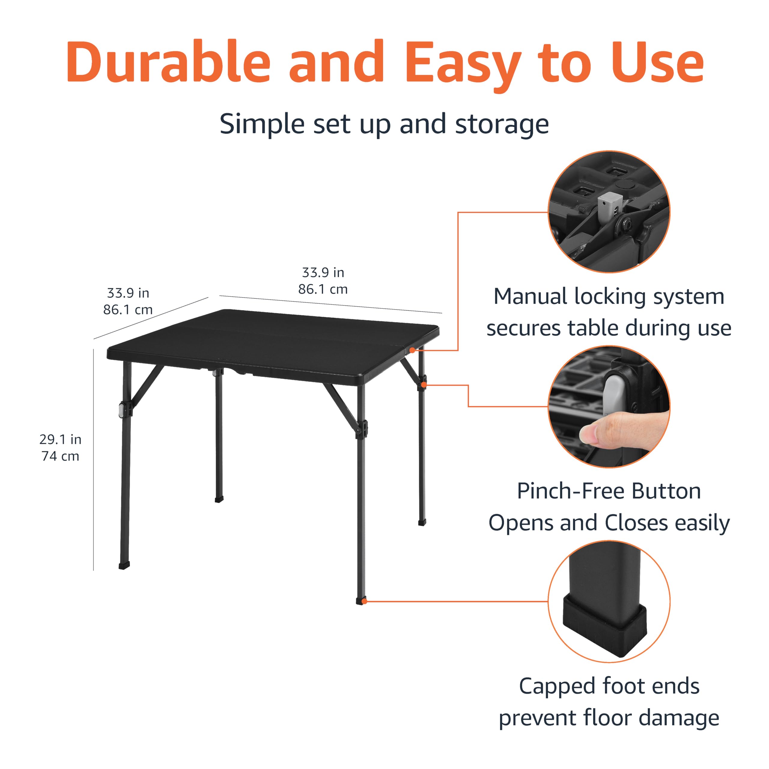 Amazon Basics folding table showcasing space-saving storage capability.