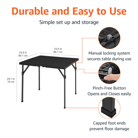 Amazon Basics folding table showcasing space-saving storage capability.