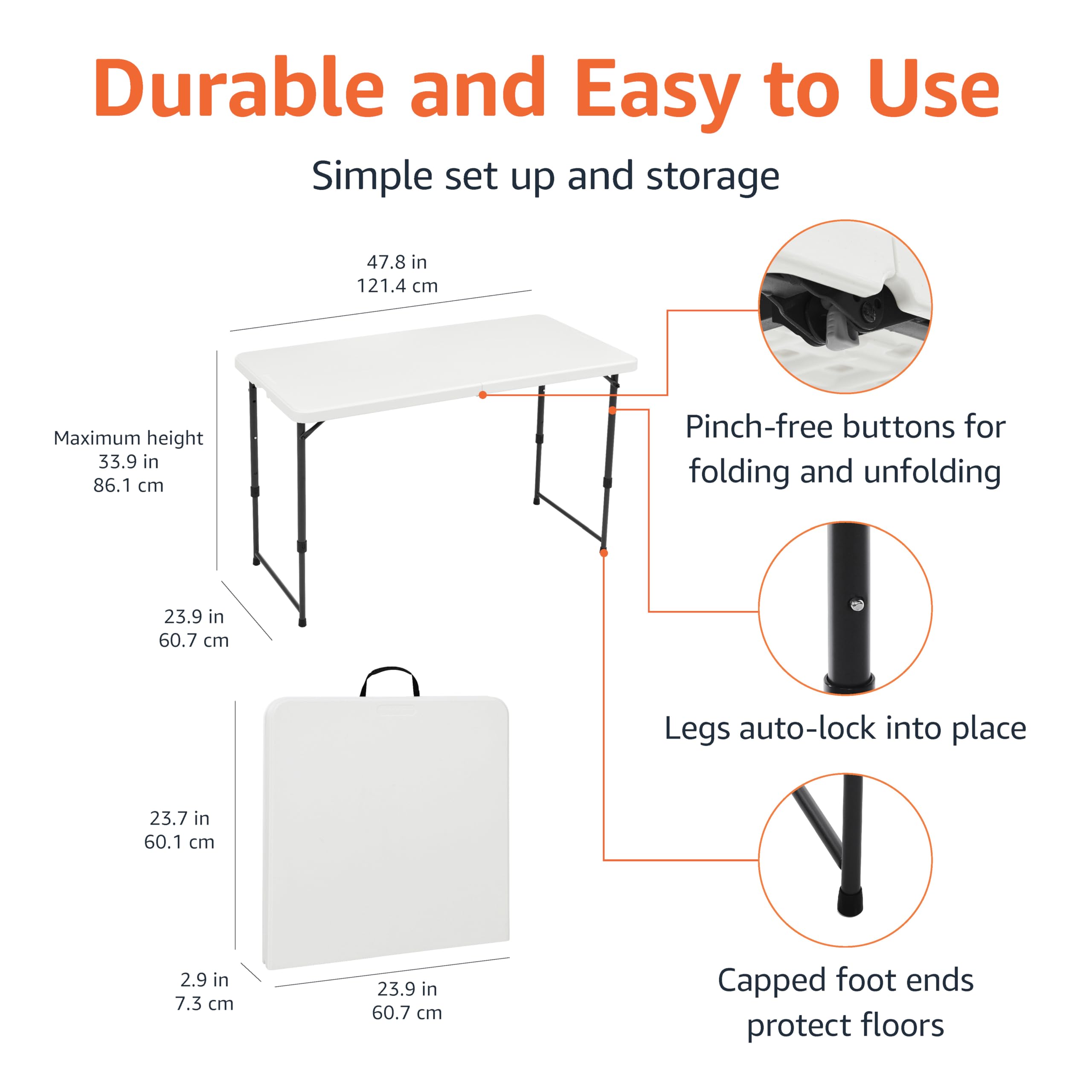 Amazon Basics table shows 4 height levels for customizable setup.