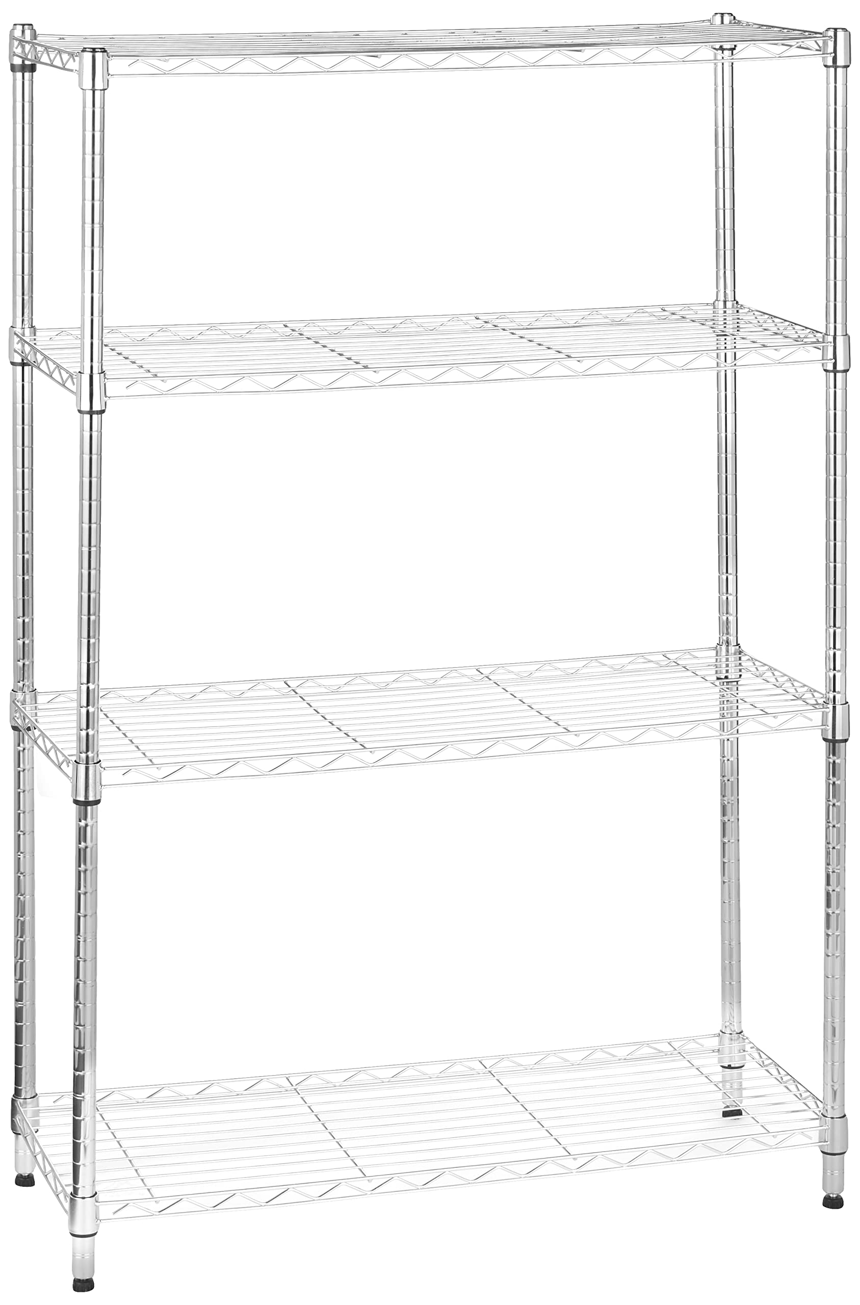 Amazon Basics 4-shelf rack with chrome finish for sturdy garage storage.
