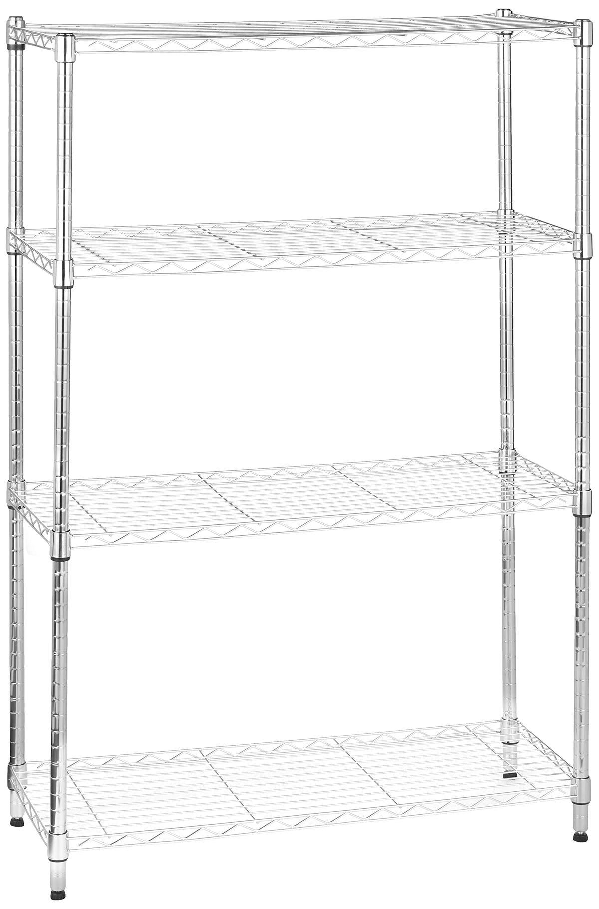 Amazon Basics 4-shelf rack with chrome finish for sturdy garage storage.