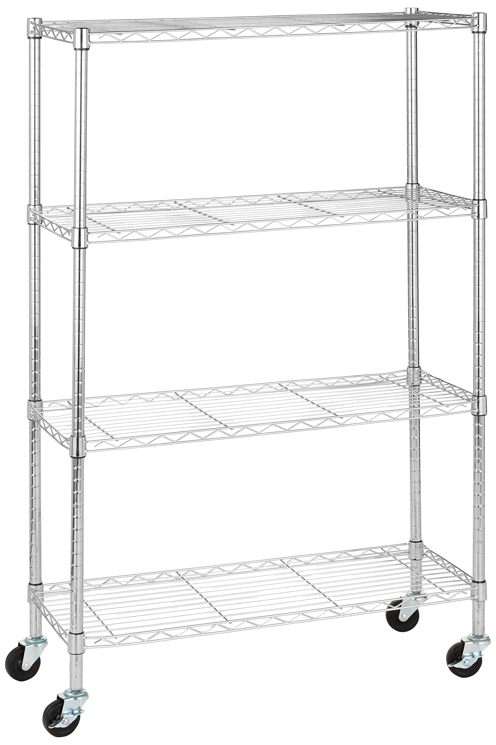 Amazon Basics 4-shelf chrome shelving unit shows durable steel construction for organized garage storage