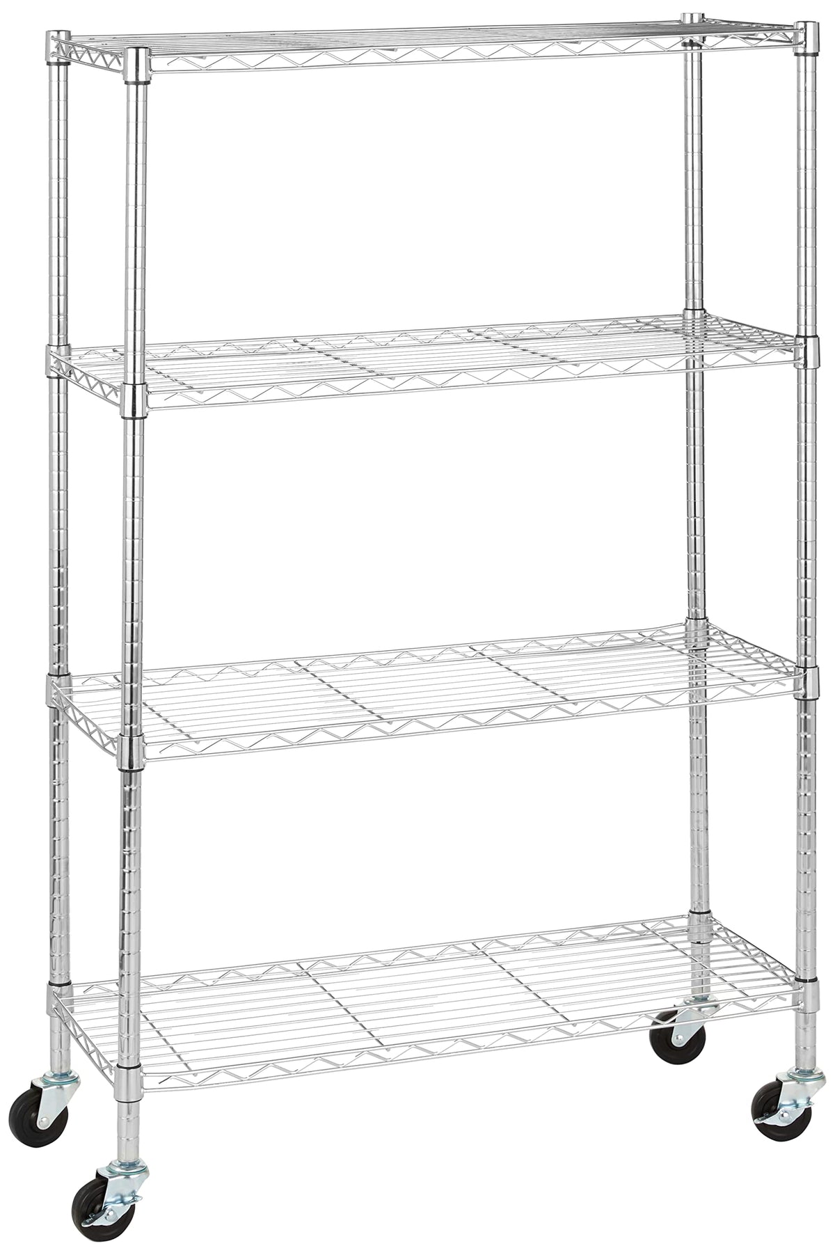 Amazon Basics 4-shelf chrome shelving unit shows durable steel construction for organized garage storage