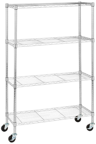 Amazon Basics 4-shelf chrome shelving unit shows durable steel construction for organized garage storage