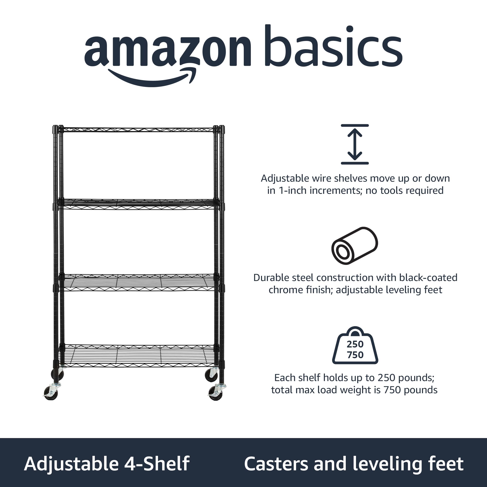 Amazon Basics 4-shelf unit showing adjustable height and leveling feet for flexible organization