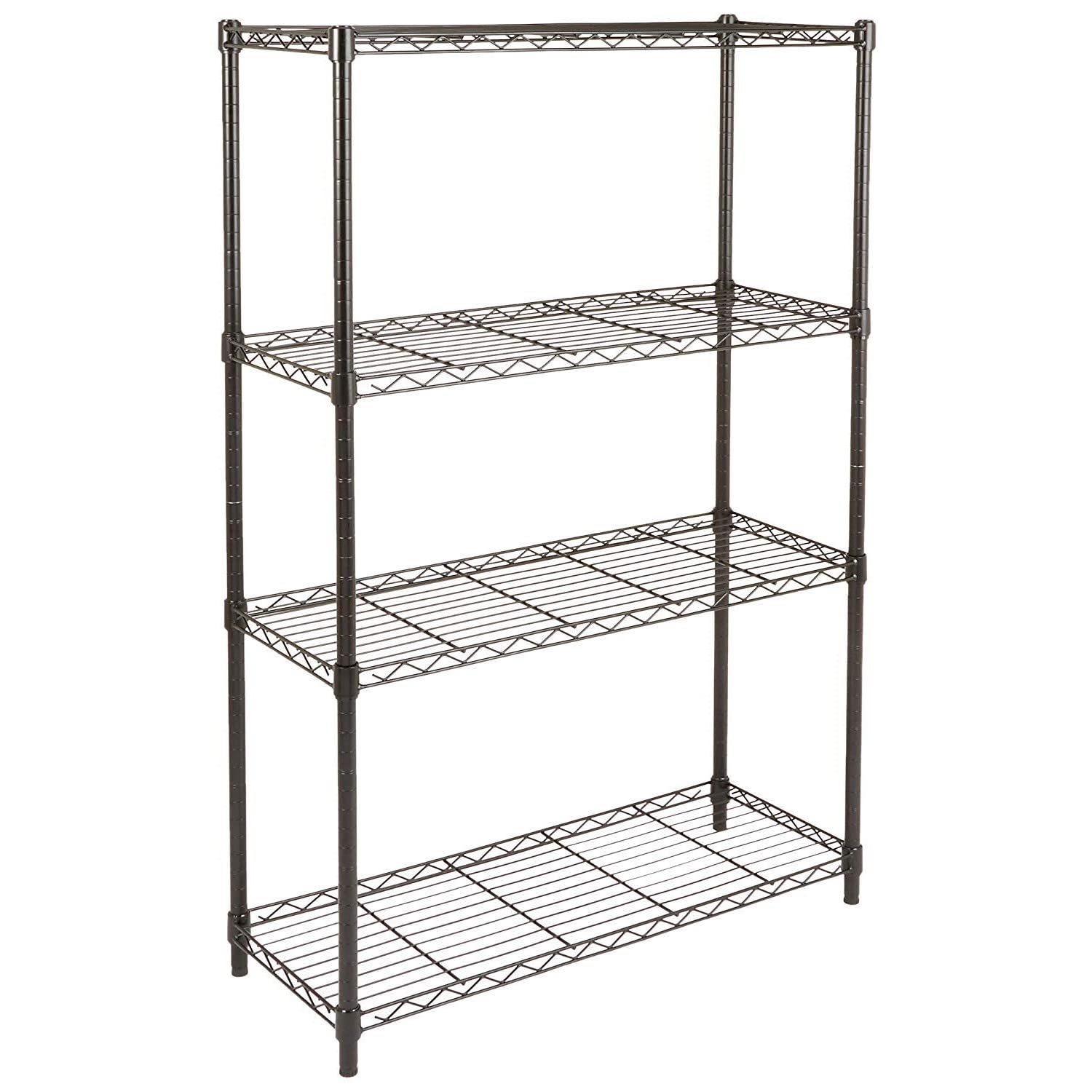 Amazon Basics 4-shelf wire rack front view, sturdy steel construction for garage storage.