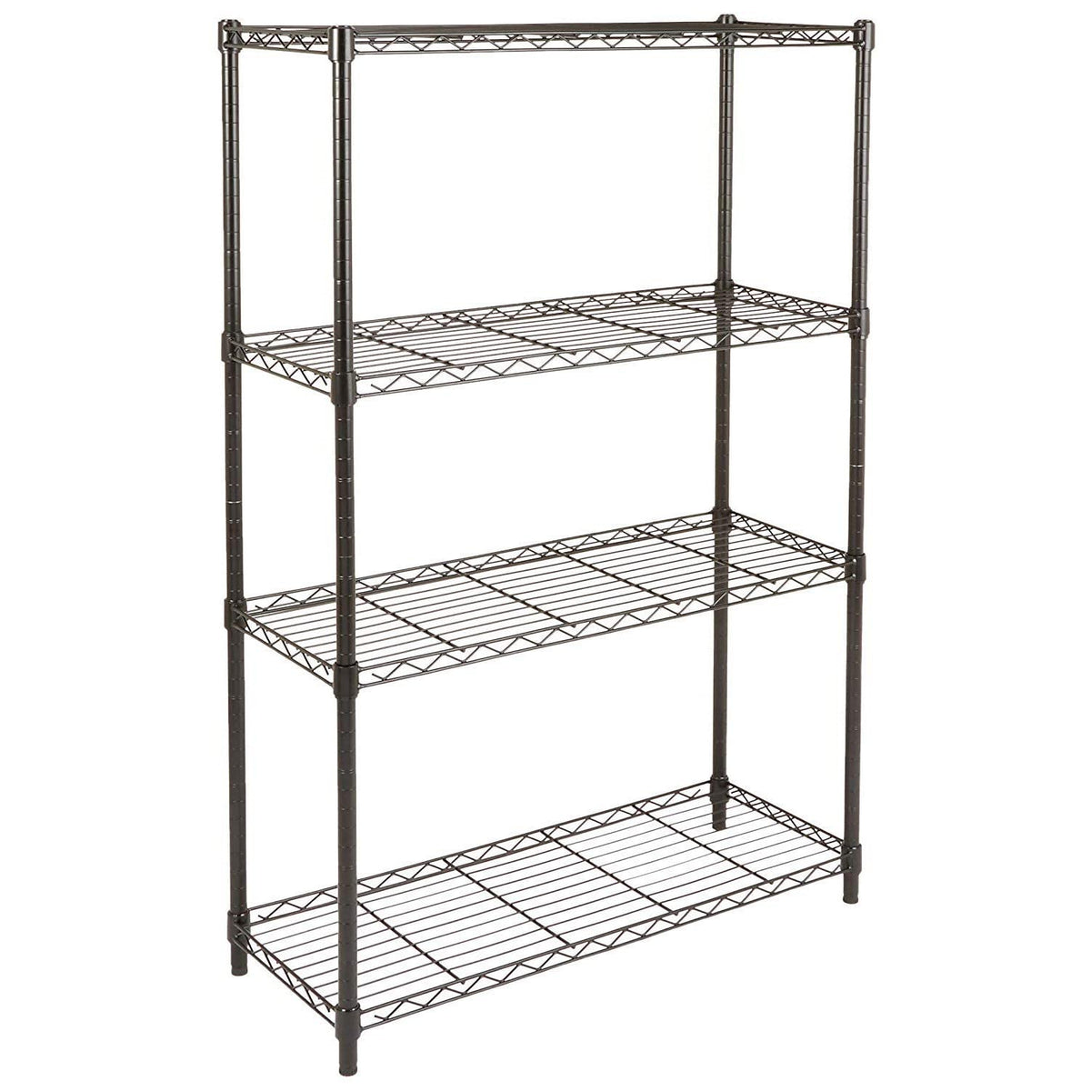 Amazon Basics 4-shelf wire rack front view, sturdy steel construction for garage storage.