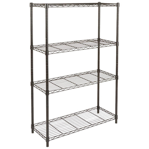 Amazon Basics 4-shelf wire rack front view, sturdy steel construction for garage storage.