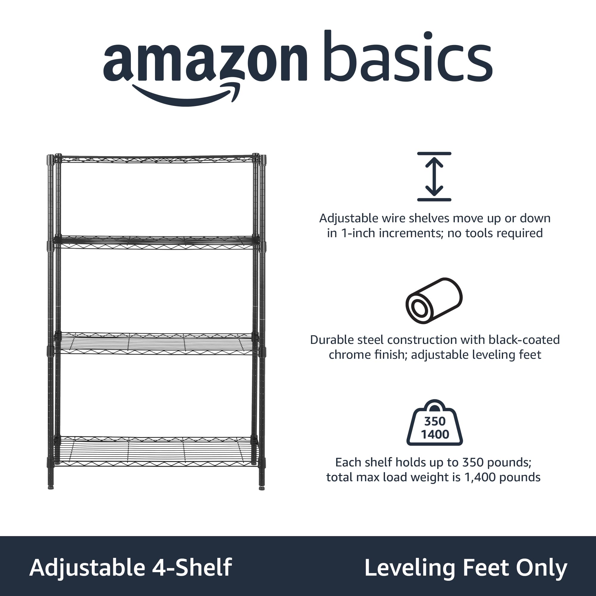 Amazon Basics 4-shelf rack side view highlighting adjustable shelves for flexible organization.
