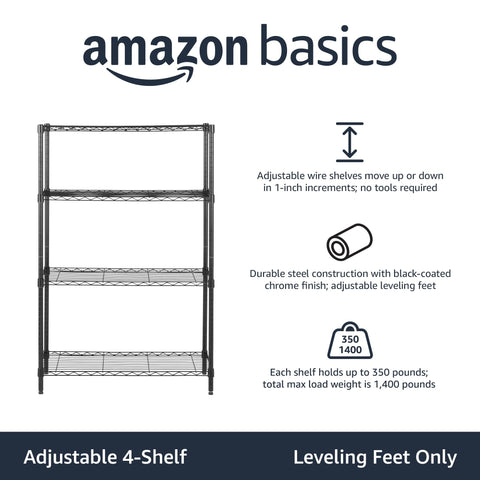Amazon Basics 4-shelf rack side view highlighting adjustable shelves for flexible organization.