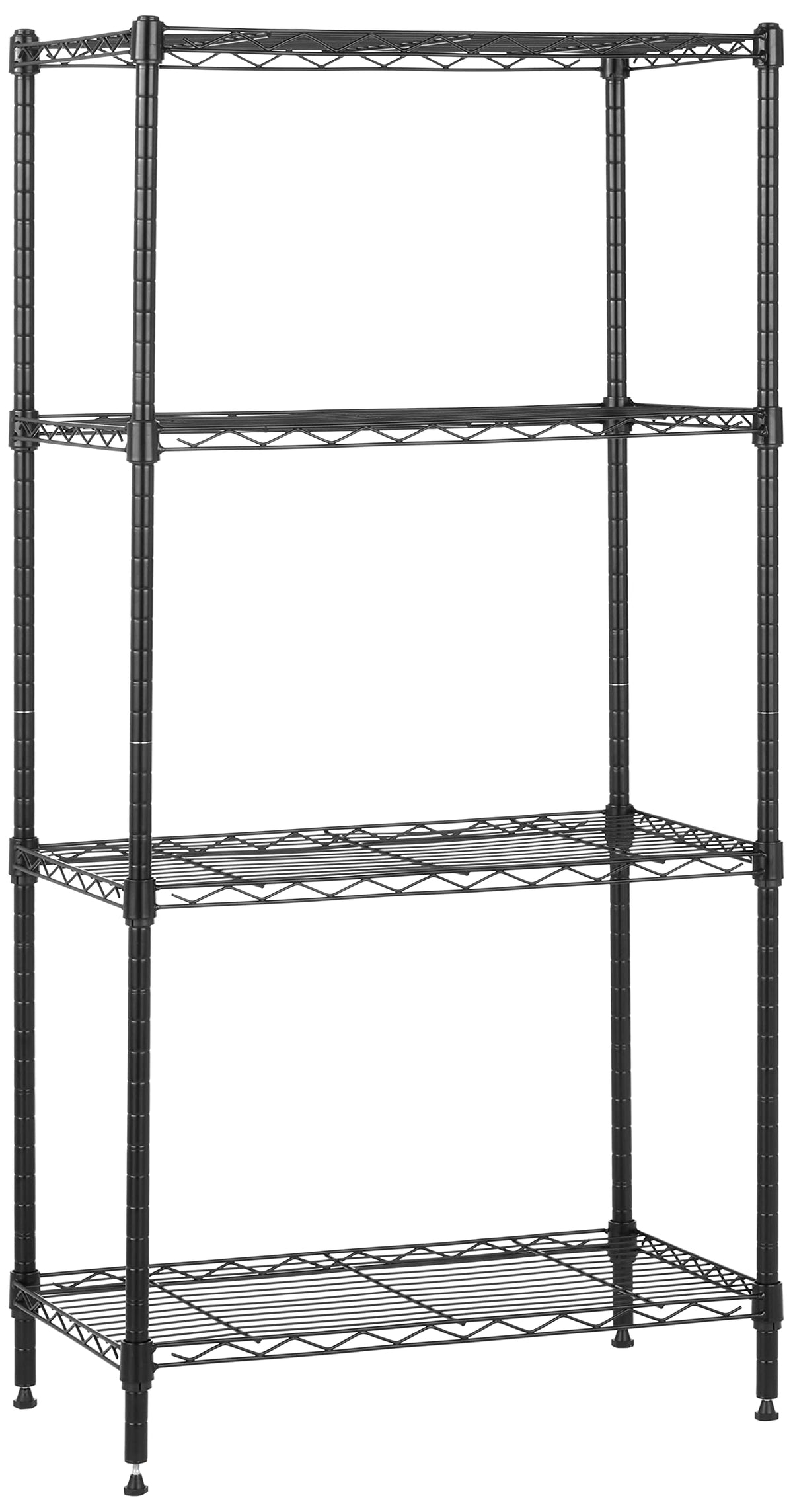Amazon Basics four-shelf wire rack, assembled view, showcasing sturdy steel construction for garage storage.