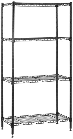 Amazon Basics four-shelf wire rack, assembled view, showcasing sturdy steel construction for garage storage.