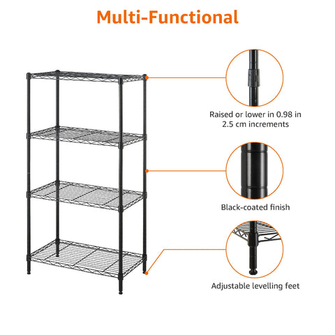 Amazon Basics rack features a sleek black finish and durable steel design.