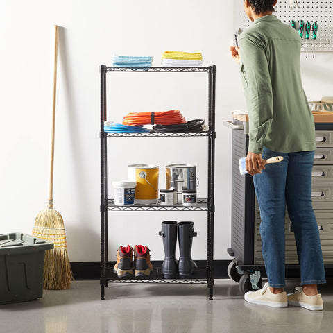 Amazon Basics four-shelf rack, side view, emphasizing adjustable shelves for customizable organization.