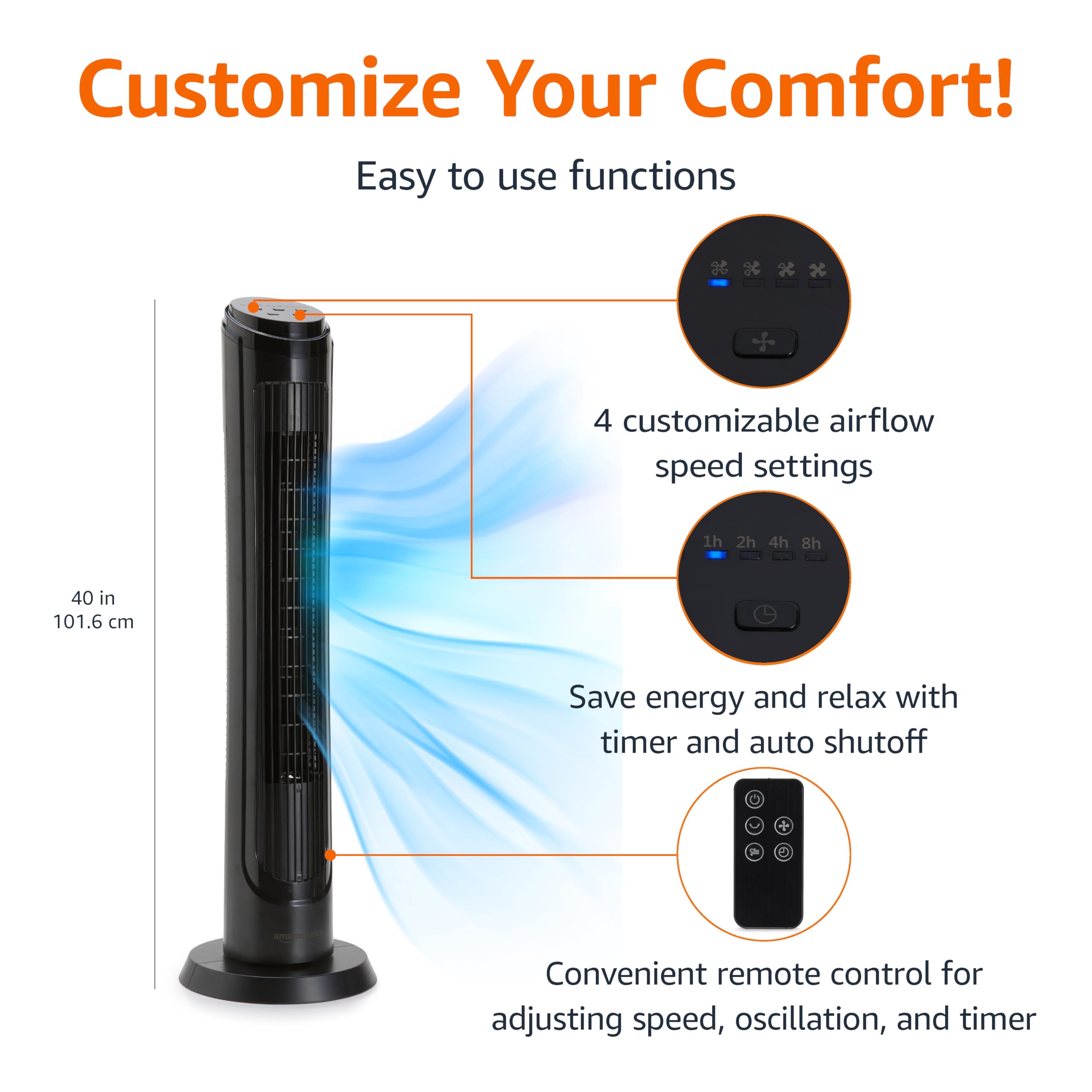Amazon Basics tower fan remote control for easy adjustments from anywhere.