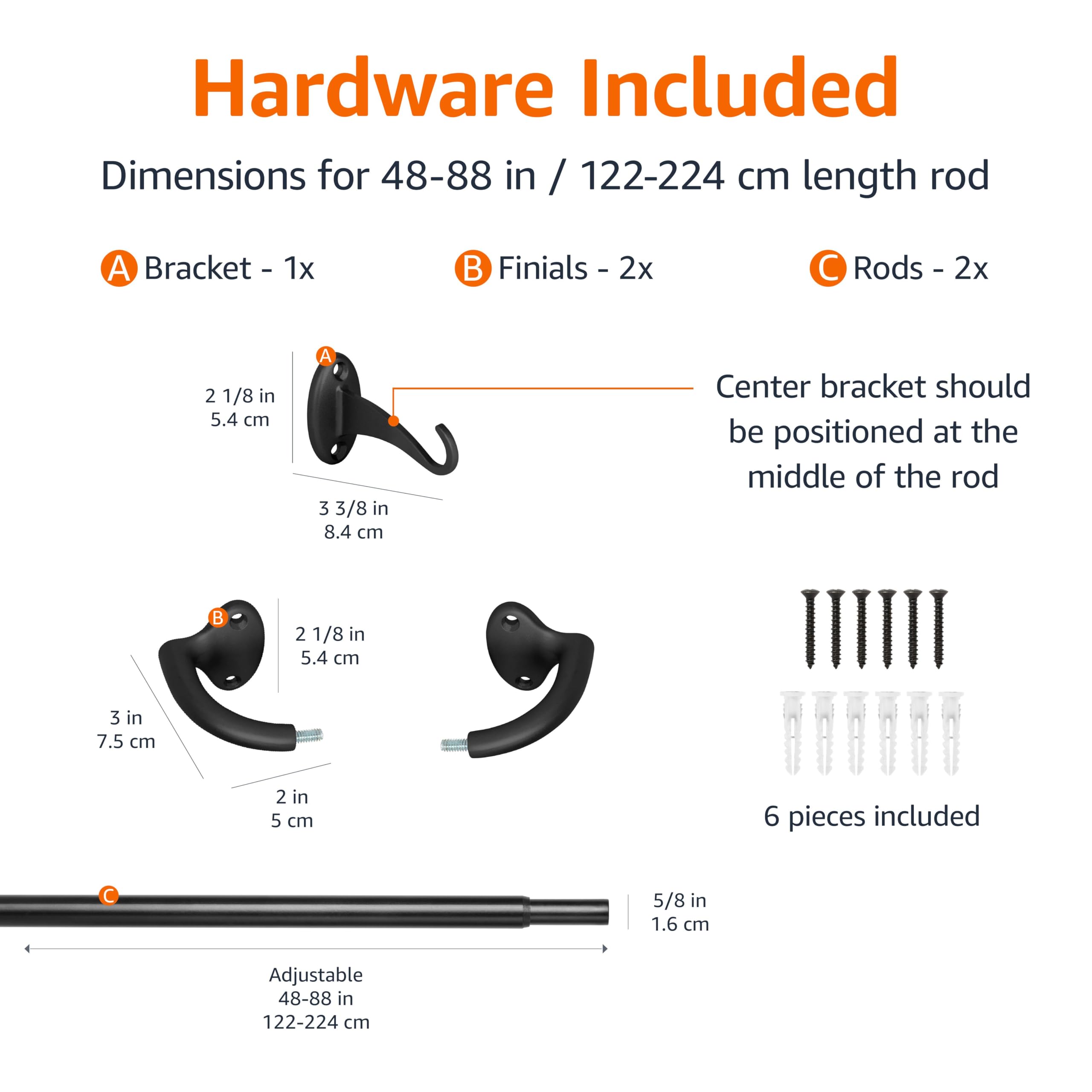 Amazon Basics 48-88 inch adjustable rod fits wide windows and installs easily.