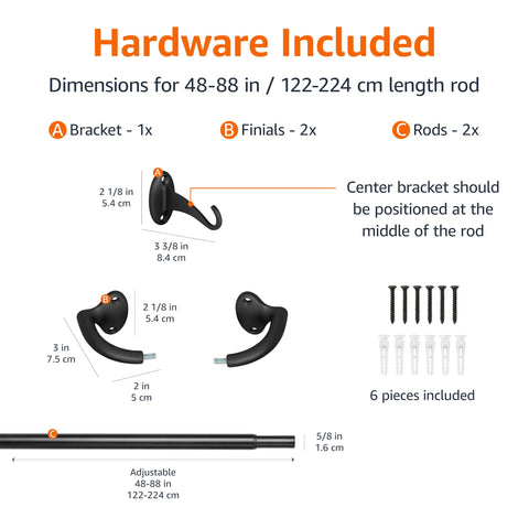 Amazon Basics 48-88 inch adjustable rod fits wide windows and installs easily.