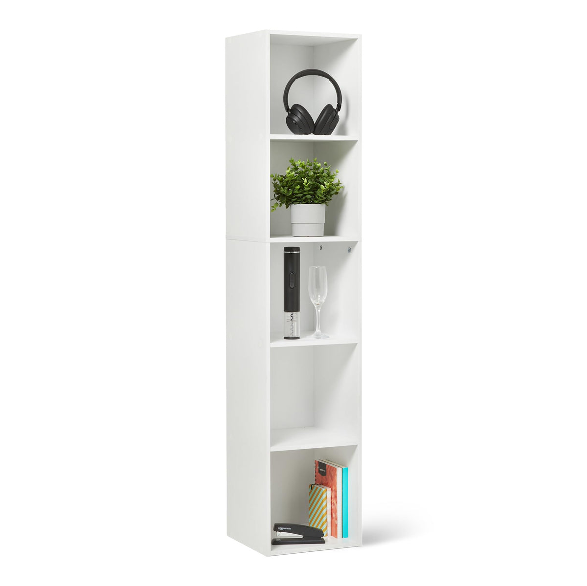 Amazon Basics 5-Cube Bookcase front view shows versatile storage