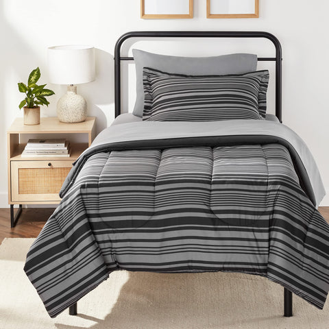 Amazon Basics 5-piece twin comforter set with sheets, gray Calvin stripe, all-season comfort