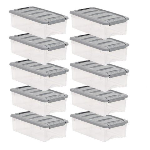 Amazon Basics 5-qt storage bin with a latching lid for secure, dust-resistant storage.