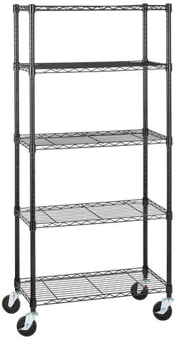 Amazon Basics 5-shelf garage shelving with a sturdy black finish for organized storage.