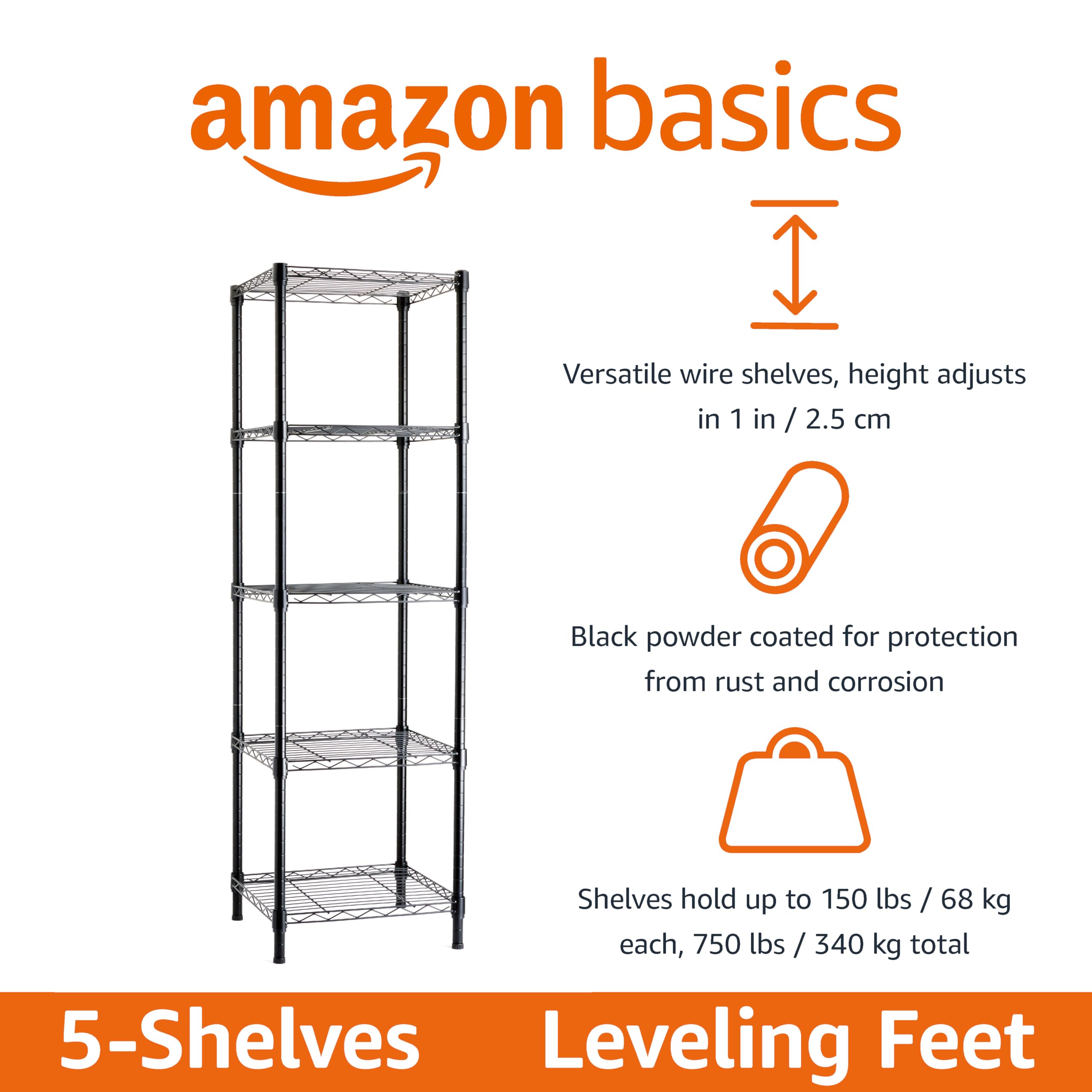 Amazon Basics 5-Shelf Tower with adjustable shelves for flexible spacing